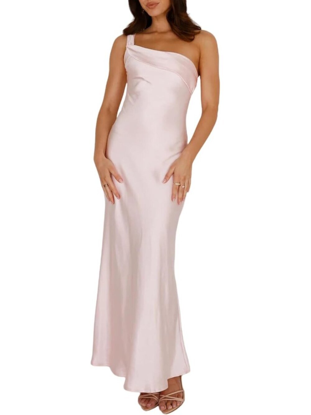 Women's Pink Summer Silk Formal Elegant Sleeveless One Shoulder Maxi Dress